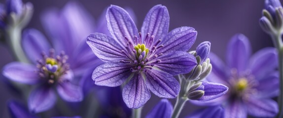 Canvas Print - Macro Shot of Vibrant Purple Flower with Yellow Center Against Soft Focus Green Background