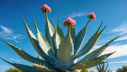 Wall Mural - agave americana plant with blooming pink flowers against a bright blue sky showcasing its unique str