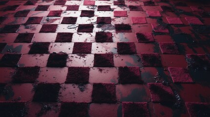 Wall Mural - Grungy maroon checkerboard flooring with synthetic rubberized texture and dirt accents for industrial or retro design applications.