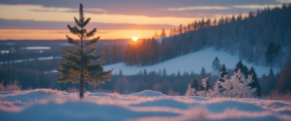 Wall Mural - serene winter landscape in finland featuring a solitary spruce and a stunning sunset over snowy hill