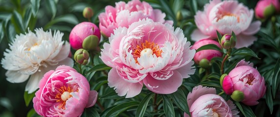 Canvas Print - Vibrant pink and white peony flowers in full bloom surrounded by lush green foliage in a serene garden setting.