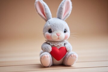 plush rabbit figurine with red lace collar holding red heart