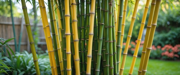 Wall Mural - vibrant bundle of yellow and green bamboo stalks in a lush garden setting showcasing nature's beauty