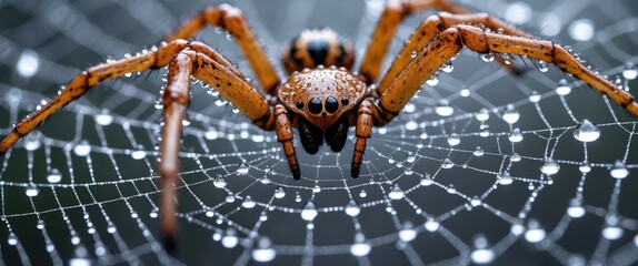 Canvas Print - Intricate spider web glistening with water droplets showcasing detailed textures in nature's delicate artwork