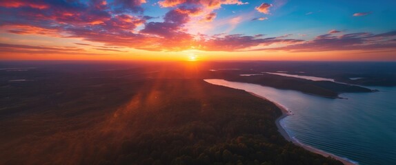 Wall Mural - Majestic Aerial Sunset Over Scenic Landscape Featuring Lush Forests and Calm Waters with Vibrant Sky Colors
