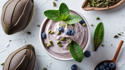 Wall Mural - Acai Cream Dish Topped With Blueberries Mint Leaves On White Background Decorated With Ingredients Flat Lay Perspective