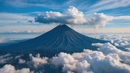 Wall Mural - Aerial View of Majestic Volcano Surrounded by Fluffy Clouds Under a Clear Blue Sky Perfect for Natural Landscape Promotion