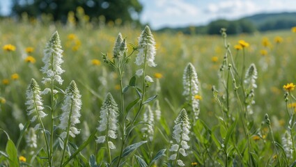 Wall Mural - summer meadow featuring aegopodium podagraria in full bloom surrounded by vibrant wildflowers and lu