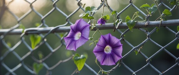 Wall Mural - Purple morning glory flowers entwined in a chain link fence showcasing nature's beauty and resilience against urban backgrounds.