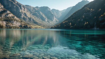 Canvas Print - Serene landscape of a pristine lake surrounded by majestic mountains reflecting in the clear tranquil waters under a blue sky