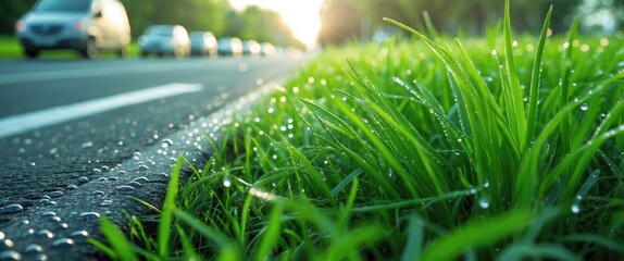 Wall Mural - Fresh green grass adorned with morning dew along a sunlit roadside creating a serene and lively natural setting.