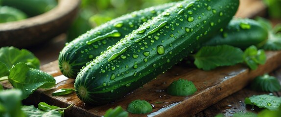 Sticker - Freshly washed cucumbers glistening with water droplets on a wooden board surrounded by green leaves in a rustic kitchen setting.