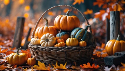 Canvas Print - Rustic Autumn Still Life Featuring a Variety of Pumpkins in a Basket Surrounded by Colorful Fallen Leaves