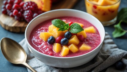 Wall Mural - Fruit soup in a white bowl garnished with mint, surrounded by fresh berries, with a rustic setting and space for text overlay.