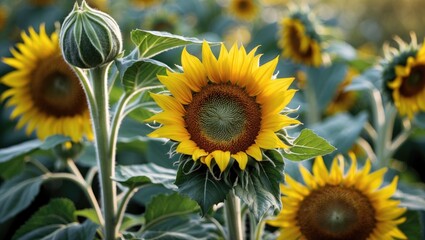 Poster - Sunflower bud poised to bloom surrounded by vibrant sunflowers in a lush green field capturing the beauty of nature's lifecycle.