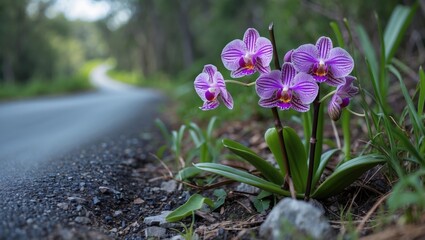 Canvas Print - Vibrant purple orchids flourishing along a serene roadside surrounded by lush greenery in a natural setting.