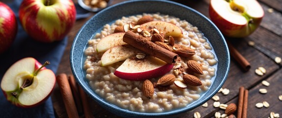 Sticker - Traditional oatmeal porridge topped with sliced apples, almonds, and cinnamon in a rustic setting with fresh apples and cinnamon sticks.