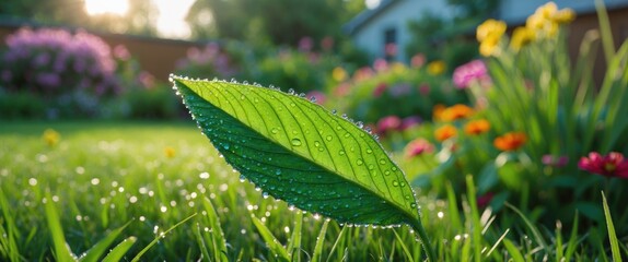 Wall Mural - dew-kissed green leaf in vibrant backyard garden with colorful flowers and soft sunlight creating a 