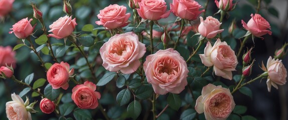 Wall Mural - pink roses in full bloom surrounded by lush green leaves, showcasing various stages of flowering in 