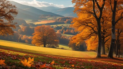 Wall Mural - autumn landscape with vibrant orange trees and rolling hills under blue sky scenic nature view in fa