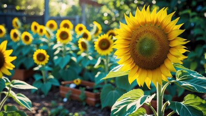 Wall Mural - vibrant sunflower blooms in a lush garden setting with sunlit background perfect for nature and gard