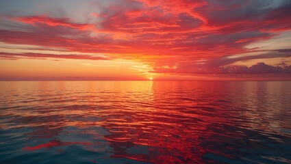Wall Mural - vibrant sunset over calm sea producing reflective hues of orange and red creating a serene and tranq