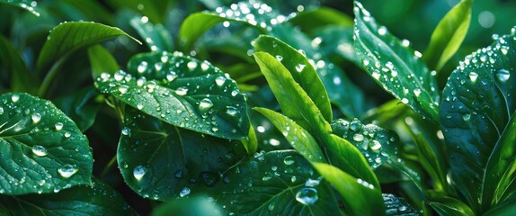 Wall Mural - lush green leaves adorned with glistening water droplets showcasing nature's beauty and freshness in