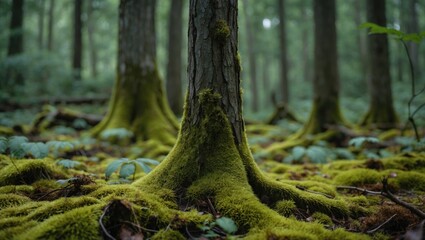 Canvas Print - Moss-covered forest floor with tree trunks creating a serene, natural atmosphere emphasizing biodiversity and tranquility in woodland settings