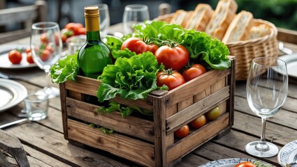 Poster - Rustic Wooden Crate Overflowing with Fresh Tomatoes and Lettuce Accompanied by a Green Wine Bottle on Outdoor Dining Table