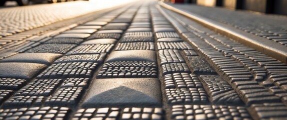 Canvas Print - Close-up of a cobblestone pedestrian road featuring geometric patterns, capturing intricate details of city pavement texture and design.