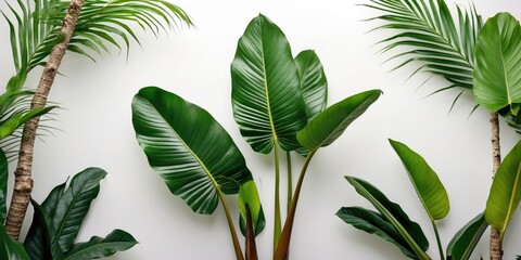 Wall Mural - Tropical Foliage Wall Composition Featuring Diverse Green Leaves on White Background for Nature and Interior Design Themes