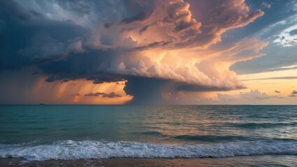 Wall Mural - Dramatic Thunderstorm Clouds Over Tranquil Sea During Sunset With Space For Text and Visual Impact