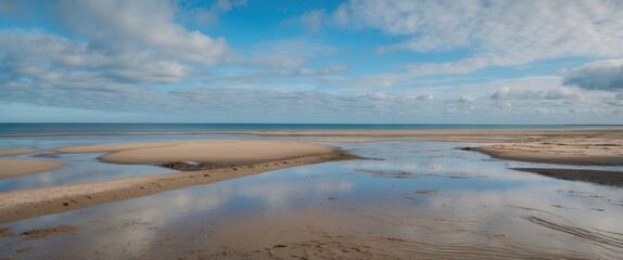Wall Mural - a serene beach landscape at low tide showcasing exposed sandbanks and shallow waters under a tranqui