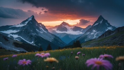 Poster - Majestic mountain peaks with a vibrant wildflower meadow under a dramatic sunset sky on a cloudy, rainy evening.