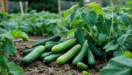 Poster - Vibrant Organic Cucumbers Growing in a Lush Backyard Garden Sustainable Agriculture and Fresh Produce Concept