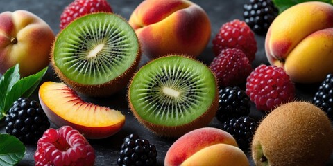 Wall Mural - Vibrant Assortment of Fresh Fruits Featuring Kiwi, Peach, and Black Raspberries with Copy Space for Text or Branding Elements