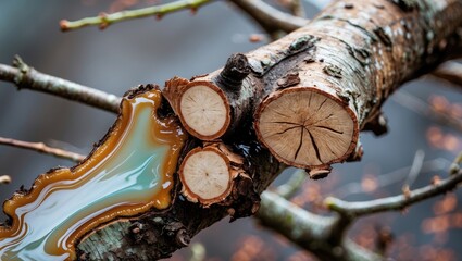 Wall Mural - A close-up view of a cut tree branch showcasing vibrant resin and tree rings on a blurred background of nature.