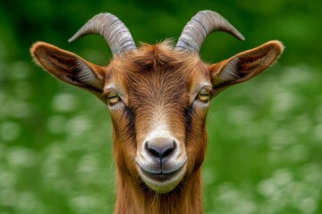 Goat with playful expression standing against a vibrant green background during daylight in a natural setting