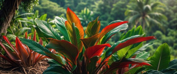 Canvas Print - Vibrant tropical ornamental plants in lush greenery showcasing the beauty of Southeast Asian flora and diverse foliage patterns.