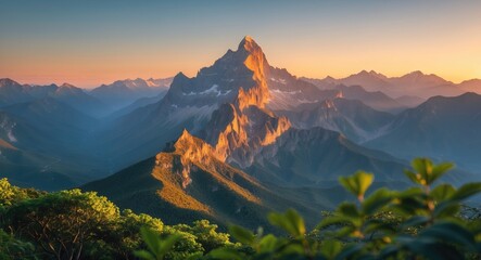 Wall Mural - majestic mountain range sunset with lush green foreground captured in warm golden light during golde