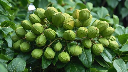 Wall Mural - Lush cluster of longan fruit nestled among vibrant green leaves in a tropical garden setting showcasing nature's abundance and vitality.