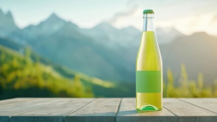 Sparkling green beverage on a wooden table with a mountain backdrop at sunset.