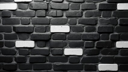 Wall Mural - Textured black and white brick wall background with contrasting blocks in a modern design suitable for design and architectural themes.