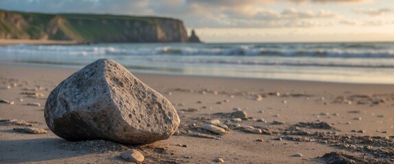 Wall Mural - serene beach landscape featuring a smooth rock in the foreground with gentle waves and cliffs in the