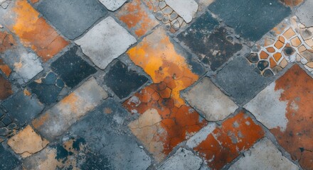 Canvas Print - Colorful abstract pattern of aged concrete floor tiles showcasing unique textures and shades in a visually striking composition.