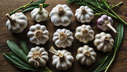 Poster - Aromatic garlic bulbs arranged on a wooden table surrounded by green herbs ideal for seasoning and culinary decoration in the kitchen