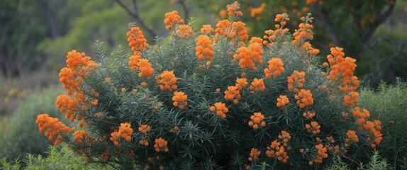 Canvas Print - Vibrant Castilleja subinclusa bush adorned with bright orange flowers amidst lush green foliage in a natural setting.