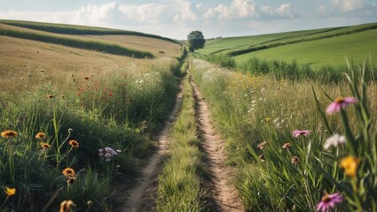 Poster - Serene Pathway Through Lush Fields with Colorful Wildflowers and Open Sky Ideal for Text Overlay or Inspirational Quotes