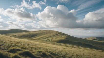 Poster - Rolling green hills under a blue sky filled with white clouds offering ample copy space for creative text or branding opportunities.