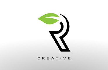 Wall Mural - letter r logo design with green leaf made of black lines vector